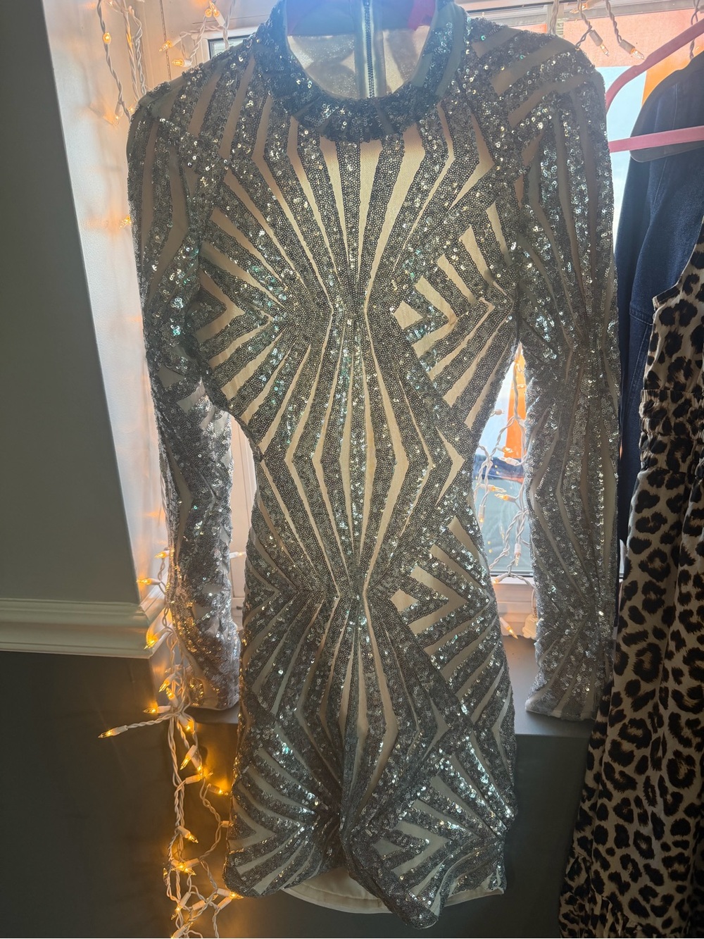 Xtaren Silver Sequin Long-Sleeve Mini Dress